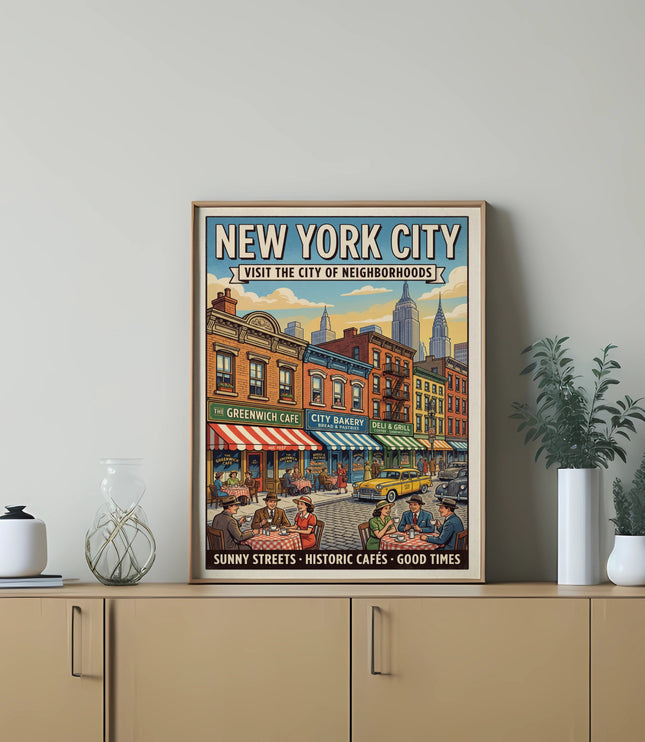 New York City vintage poster depicting cafes, streets, and Empire State Building.