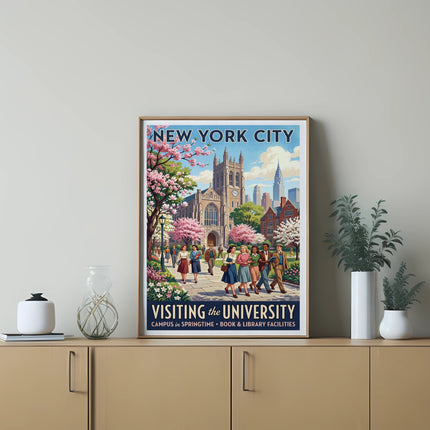 Vintage New York City poster of university campus with students, cherry blossoms, and buildings.
