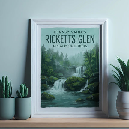 Framed poster of Ricketts Glen, Pennsylvania, with waterfalls and text.