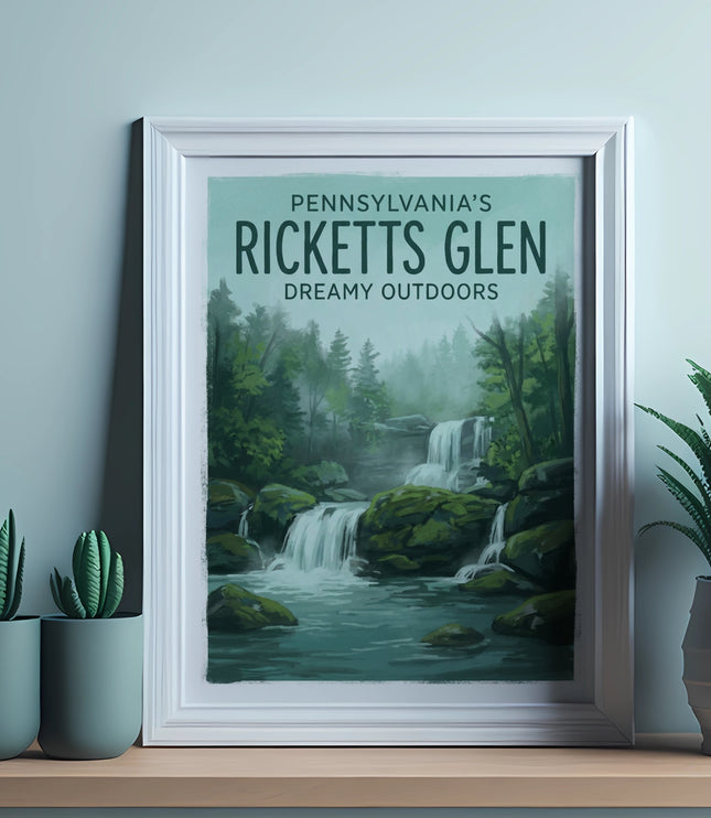 Framed poster of Ricketts Glen, Pennsylvania, with waterfalls and text.