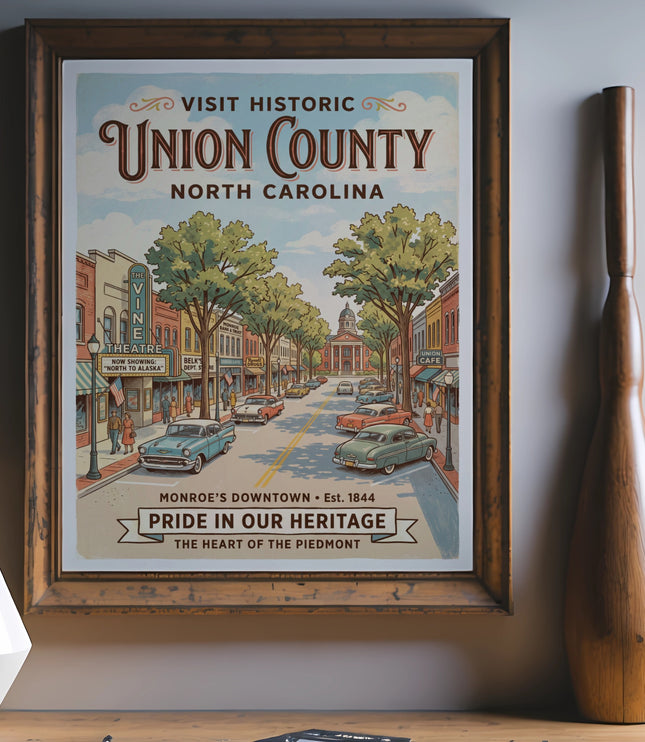 Poster of Union County, North Carolina, featuring a vintage downtown street scene.