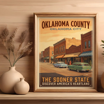 Poster of Oklahoma County, Oklahoma City, featuring vintage cars and buildings.