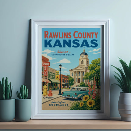 Vintage poster of Rawlins County, Kansas, courthouse square in Atwood.