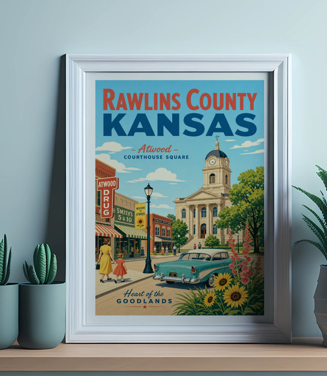 Vintage poster of Rawlins County, Kansas, courthouse square in Atwood.