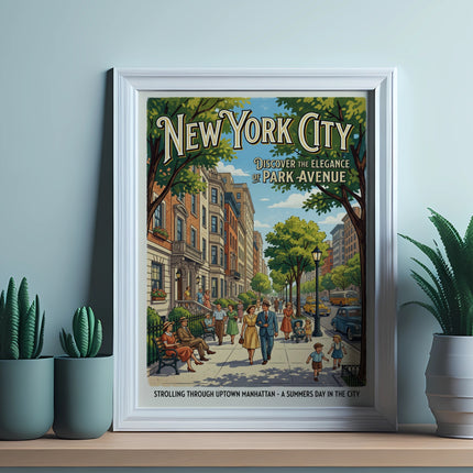 New York City Park Avenue illustration with people strolling on a summer day.