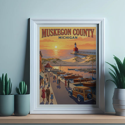 Muskegon County, Michigan retro travel poster of a lighthouse and boats at sunset.