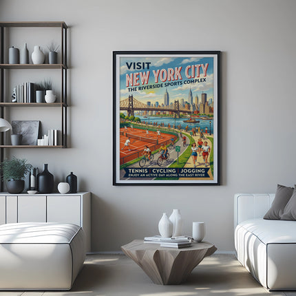 New York City Riverside Sports Complex vintage travel poster with tennis, cycling, jogging.