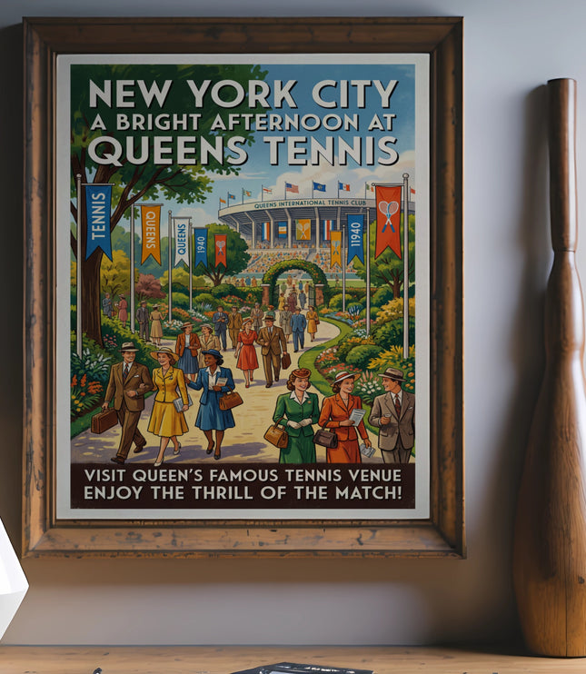 New York City Queens Tennis vintage poster at stadium with smiling crowds.
