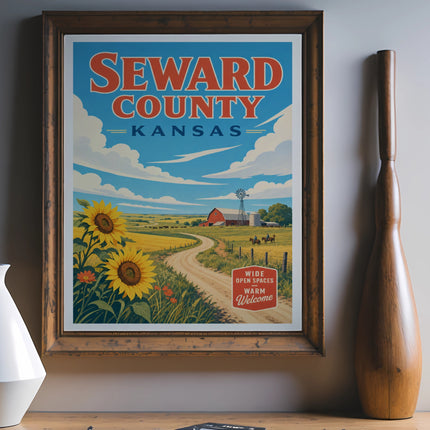 Seward County Kansas poster with sunflowers, windmill, and horses, framed.