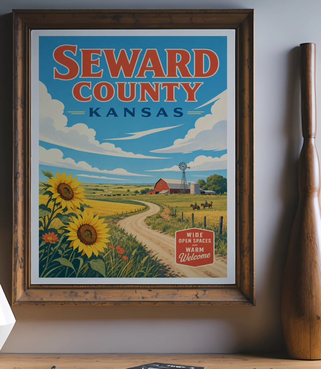 Seward County Kansas poster with sunflowers, windmill, and horses, framed.