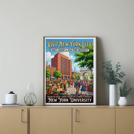 Poster for New York University featuring Bobst Library and Washington Square.