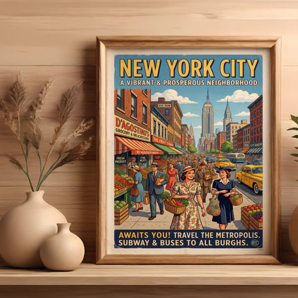 Vintage poster for New York City, D'Agostino's Grocery, and travel.