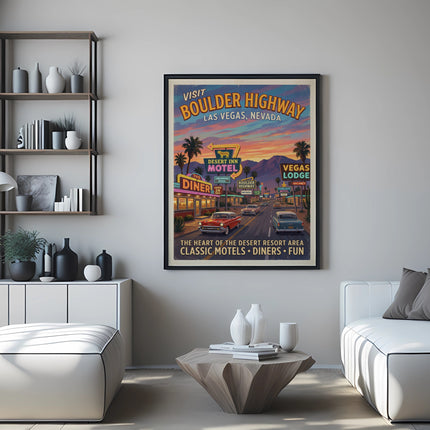 Vintage travel poster for Boulder Highway, Las Vegas, featuring motels and diners.