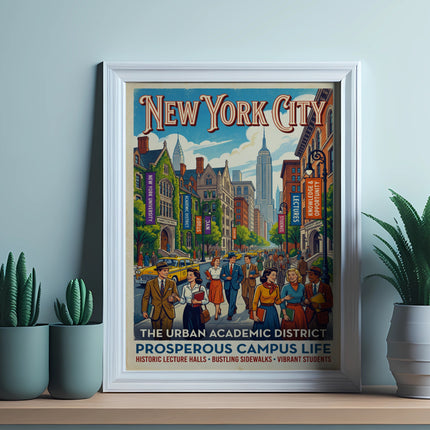 Vintage "New York City: Prosperous Campus Life" poster with people and skyscrapers.