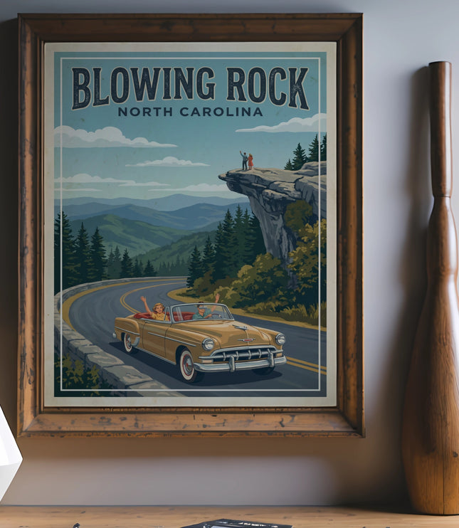 Vintage art print of Blowing Rock, North Carolina, featuring a classic car and mountain vista.