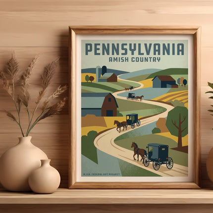 Pennsylvania Amish Country travel poster with horse-drawn buggies and rolling hills.