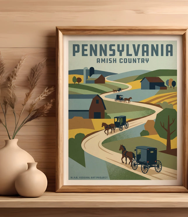 Pennsylvania Amish Country travel poster with horse-drawn buggies and rolling hills.