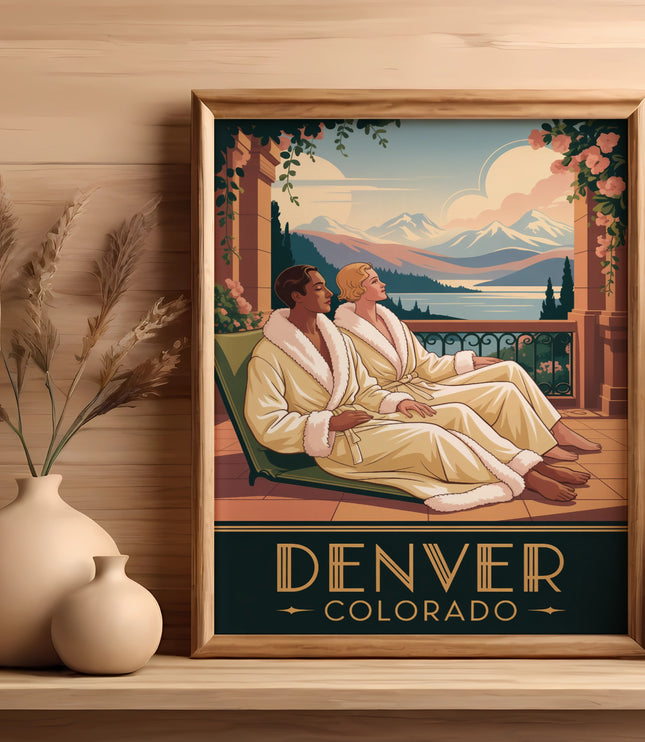 Artwork of two people in robes relaxing on a balcony overlooking a mountain landscape.
