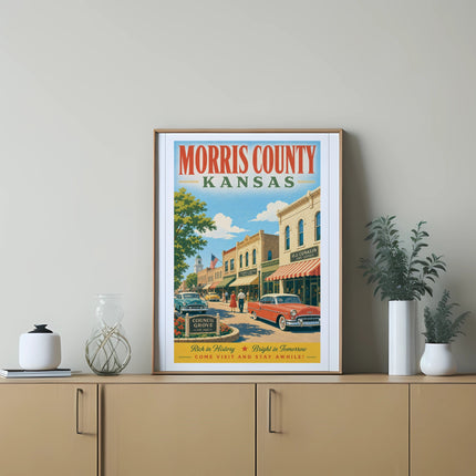 Morris County Kansas poster with vintage cars and storefronts.