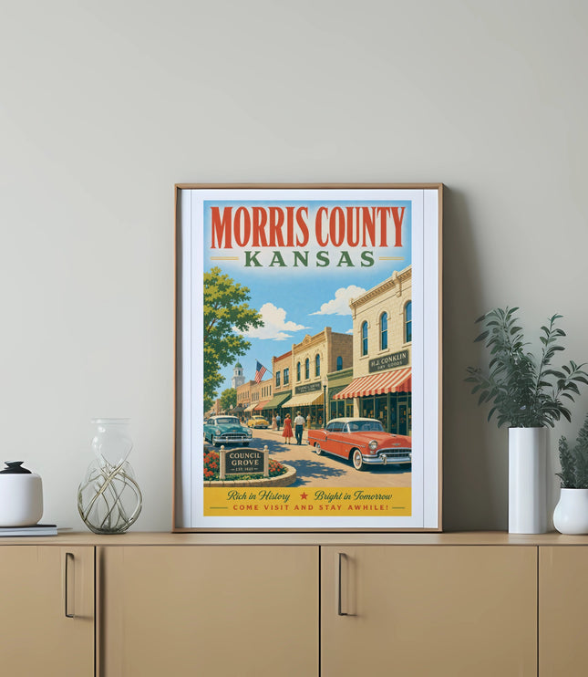 Morris County Kansas poster with vintage cars and storefronts.