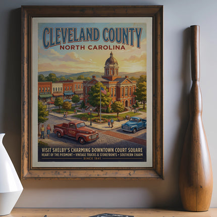 Cleveland County North Carolina vintage court square illustration with text.