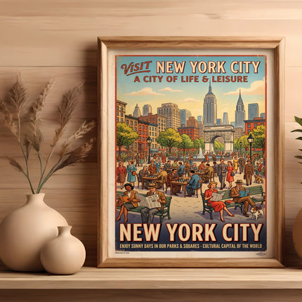 Vintage "Visit New York City" poster with people enjoying parks and city life.