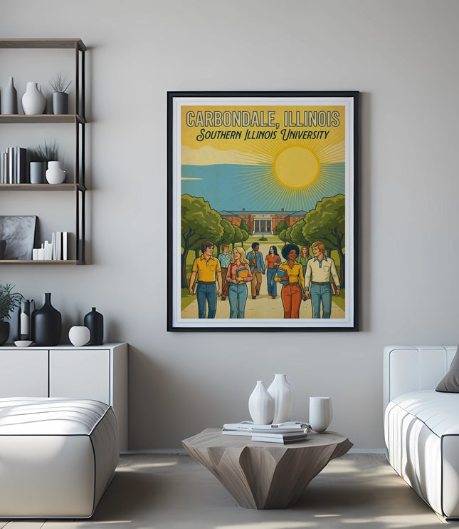 Framed vintage poster of Carbondale, Illinois, Southern Illinois University campus scene.