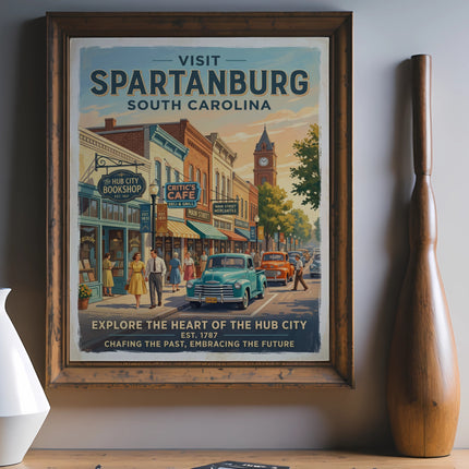 Vintage poster: Visit Spartanburg, South Carolina, with downtown street scene.