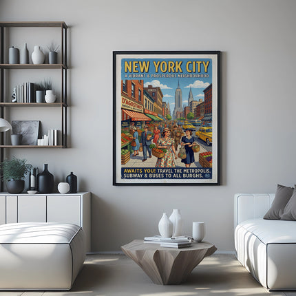 New York City poster featuring D'Agostino's Grocery with people and city buildings.