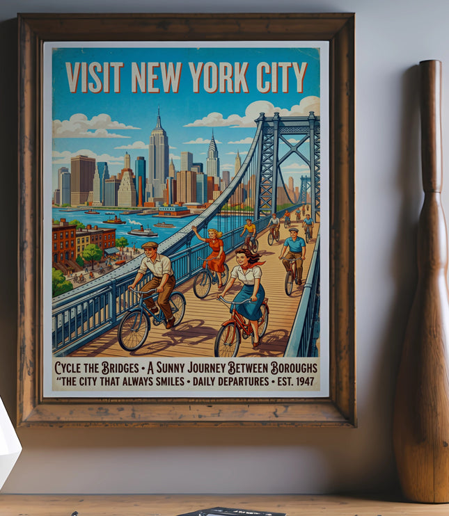 Vintage "Visit New York City" poster of people cycling across a bridge with skyline.