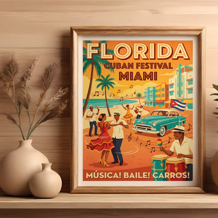 Poster for Florida Cuban Festival Miami featuring people dancing, car, and text.