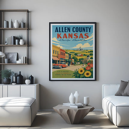 Vintage Allen County, Kansas travel poster with town scene and sunflowers.