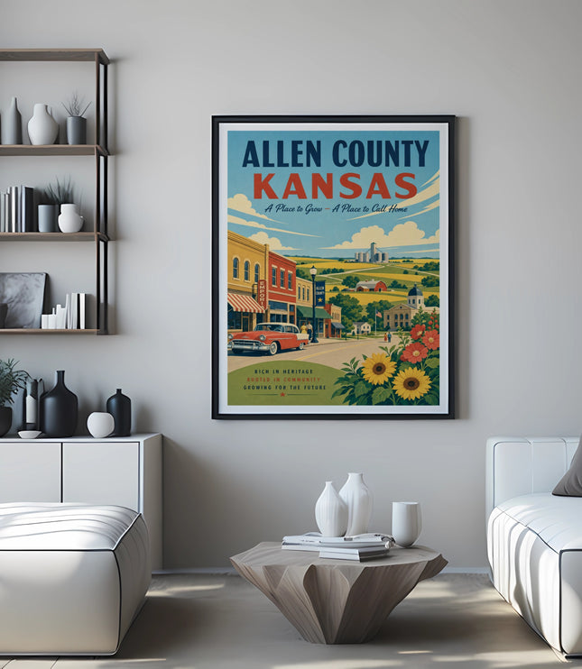 Vintage Allen County, Kansas travel poster with town scene and sunflowers.