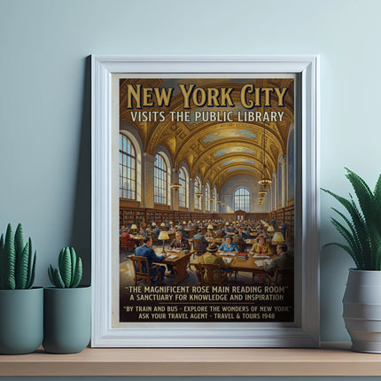 New York City visits the Public Library poster, featuring the Rose Main Reading Room.