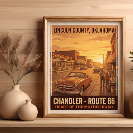 Poster of Chandler, Oklahoma Route 66 with vintage car and diner.