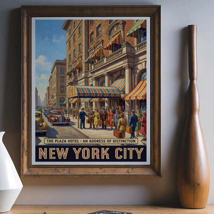 Vintage "The Plaza Hotel, New York City" travel poster with people and cars.