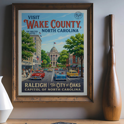 Vintage poster showing Wake County, North Carolina with the Sir Walter Hotel and Capitol building.