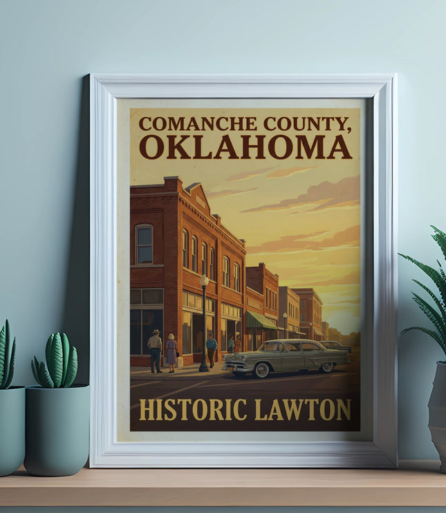 Comanche County, Oklahoma Historic Lawton vintage poster with retro car and buildings.