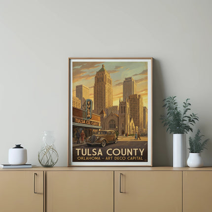 Vintage artwork depicts Tulsa County skyline with "Tulsa Co. Café" and art deco buildings.
