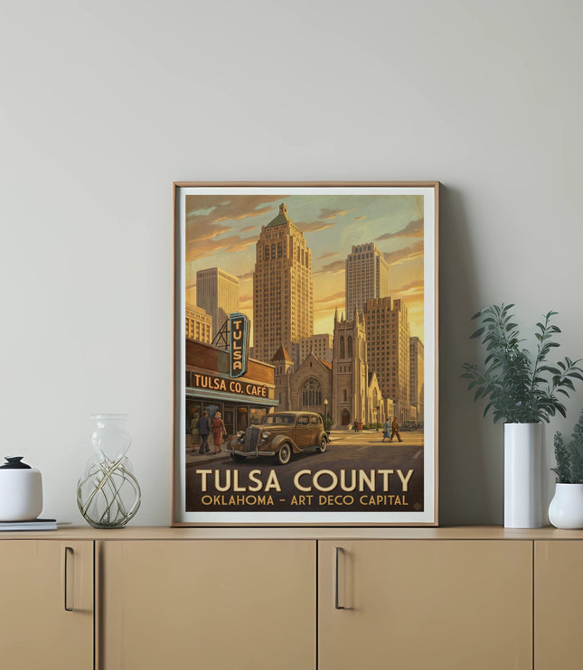 Vintage artwork depicts Tulsa County skyline with "Tulsa Co. Café" and art deco buildings.