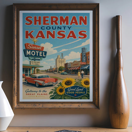 Vintage travel poster for Sherman County, Kansas, featuring Sunset Motel and Goodland landmarks.