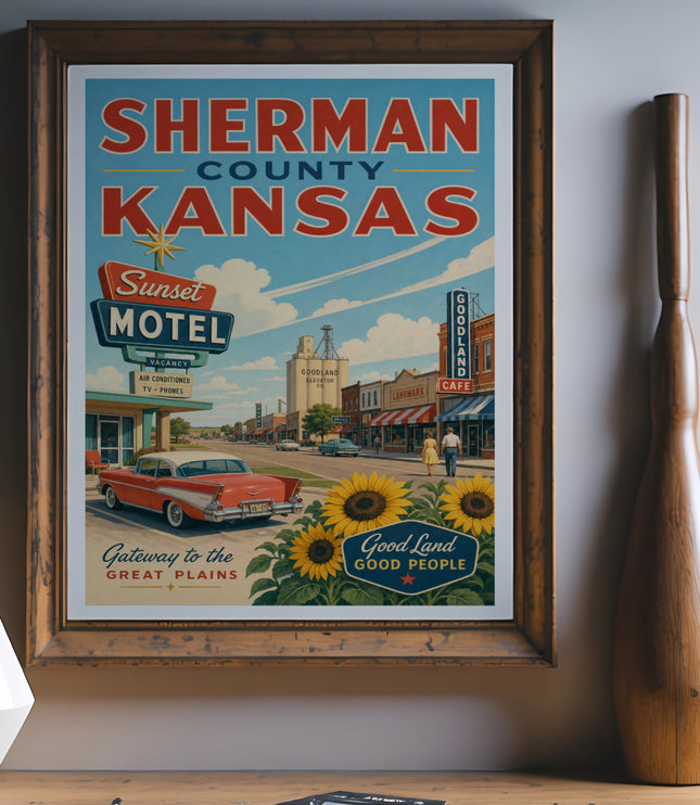 Vintage travel poster for Sherman County, Kansas, featuring Sunset Motel and Goodland landmarks.