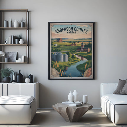 Framed print of Anderson County, Kansas landscape with silos and a river.