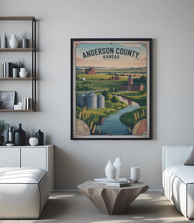 Framed print of Anderson County, Kansas landscape with silos and a river.