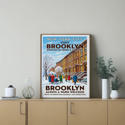 Vintage Brooklyn travel poster showing brownstone buildings, snow, and people.