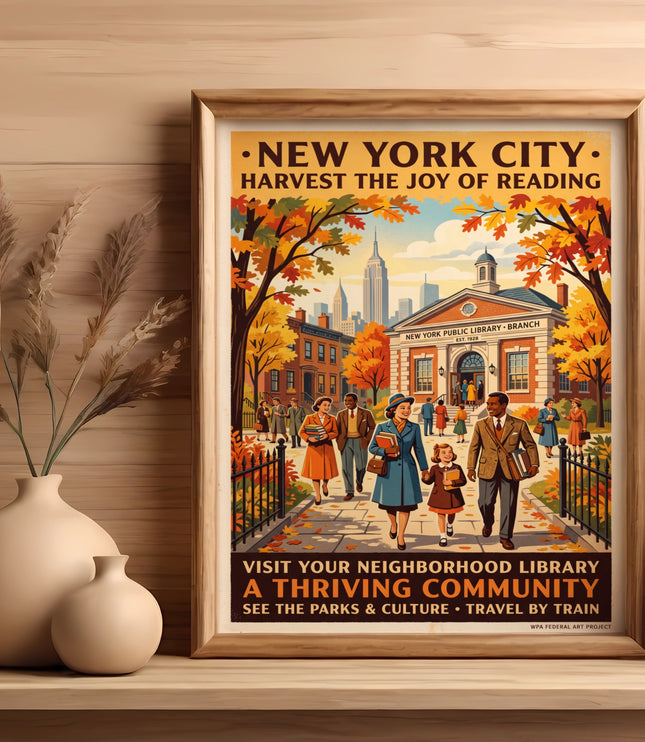 New York City library poster showing people walking past autumn trees and buildings.