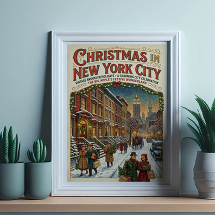Vintage Christmas in New York City poster with festive street scene.
