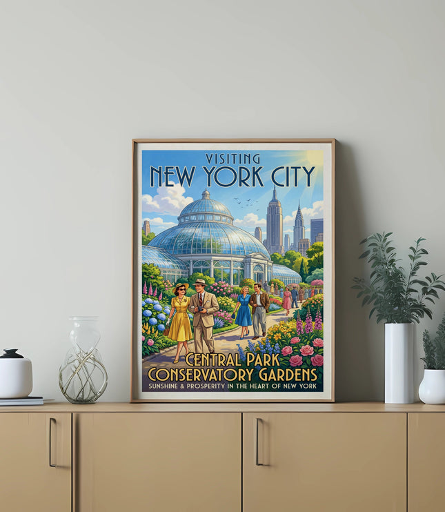 Vintage poster of New York City, Central Park Conservatory Gardens, with couple strolling.