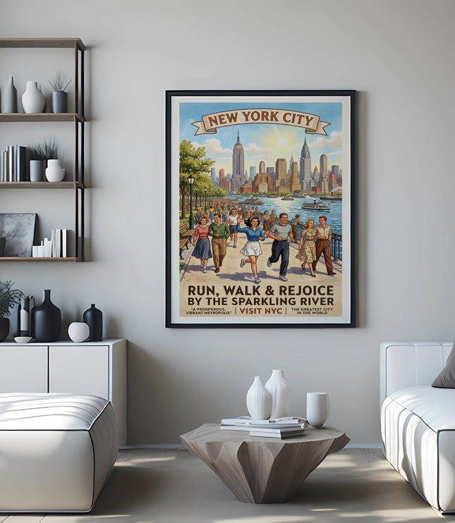 New York City vintage poster with cityscape and people running by the river.
