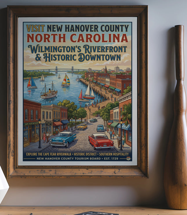 Vintage style poster of Wilmington's riverfront and historic downtown.